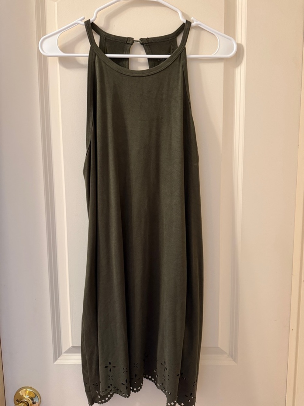 Olive Green Halter Dress with Laser-Cut Hem
